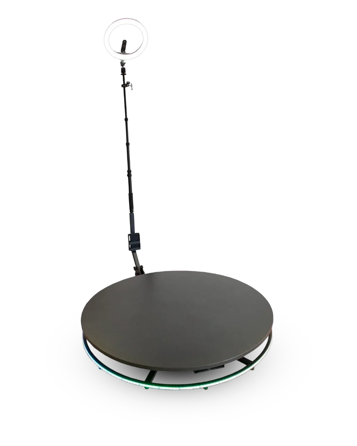 The Khich Selfie 360 Booth: a round black platform with a lit rim and a camera arm with a ring light