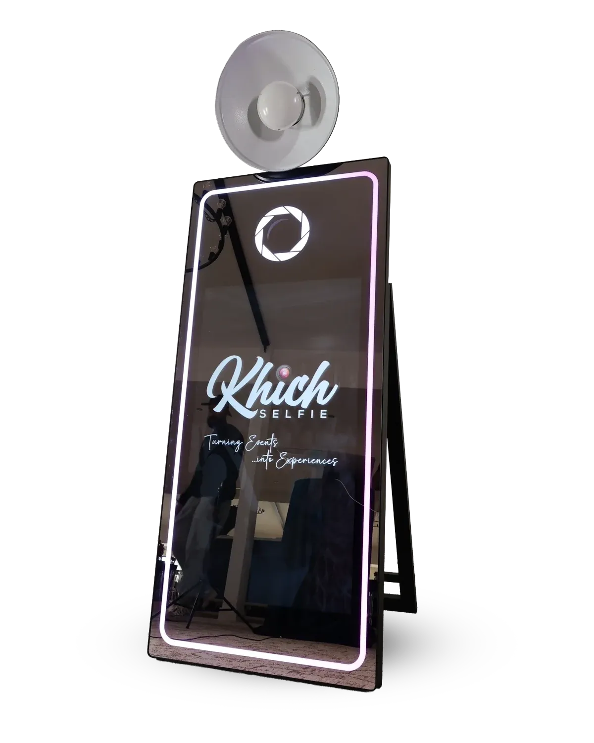 The Khich Selfie Magic Mirror: a full-length black mirror with a lit border, a white beauty-dish light above and the Khich Selfie logo on screen